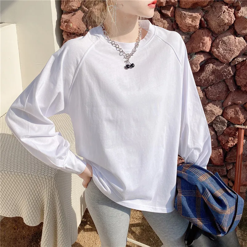 

2021 Spring Women Solid Cotton Casual T Shirt Long Sleeve Round Neck Simple Loose Basic Tee Tops Pink