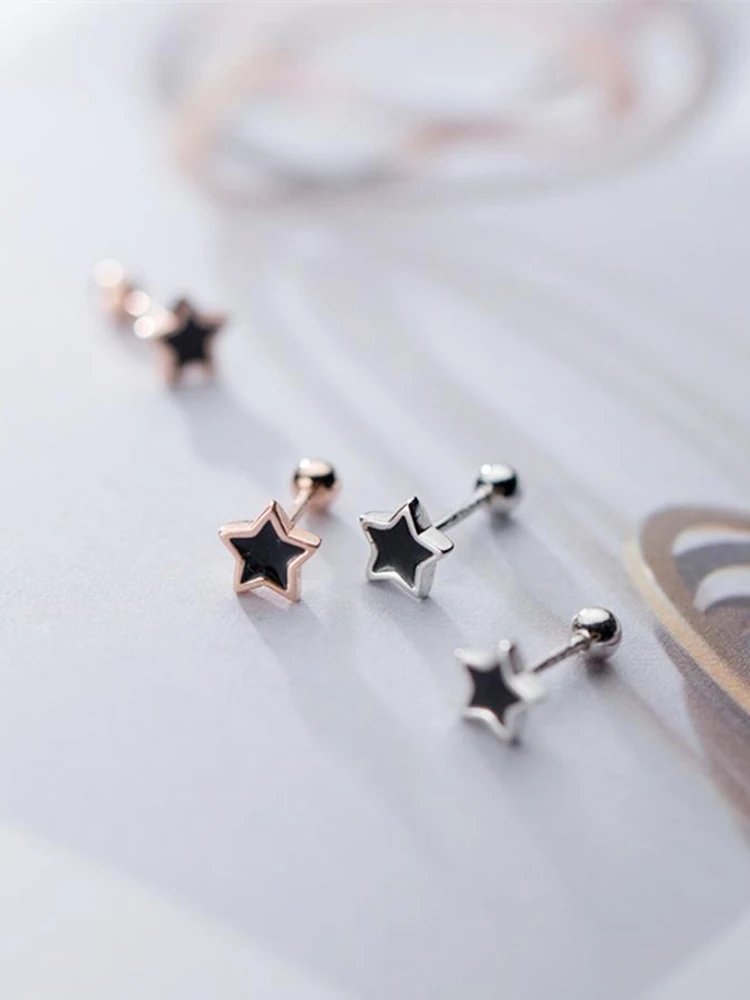 Популярные серьги-гвоздики с черной эмалью мини-звезды серебро 925 пробы
