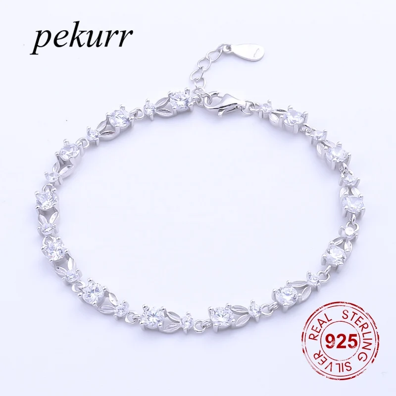 Pekurr 100% 925 пробы серебро 13 конт CZ циркон звено 2 листья цветок женский браслет