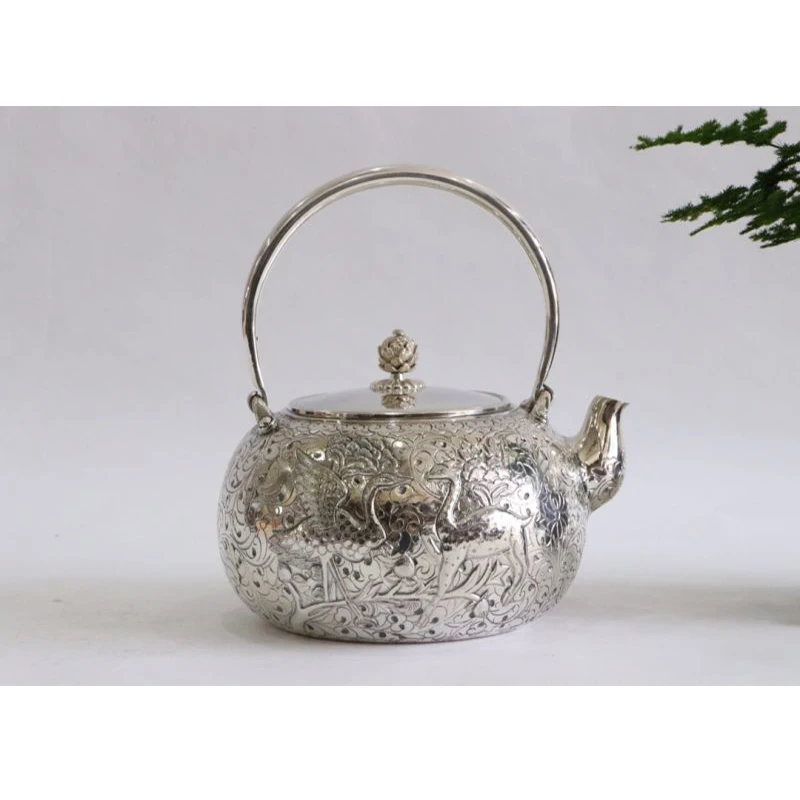 Silver pot 999 sterling silver handmade tea set Japanese retro teapot kettle home tea ceremony Kungfu tea set 1100ml