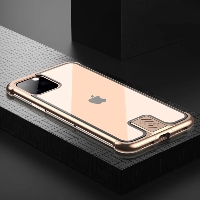 Для iPhone11 противоударный двухтактный металлический каркас задняя крышка из закаленного стекла чехол для iPhone 11pro Max чехол - Цвет: Gold