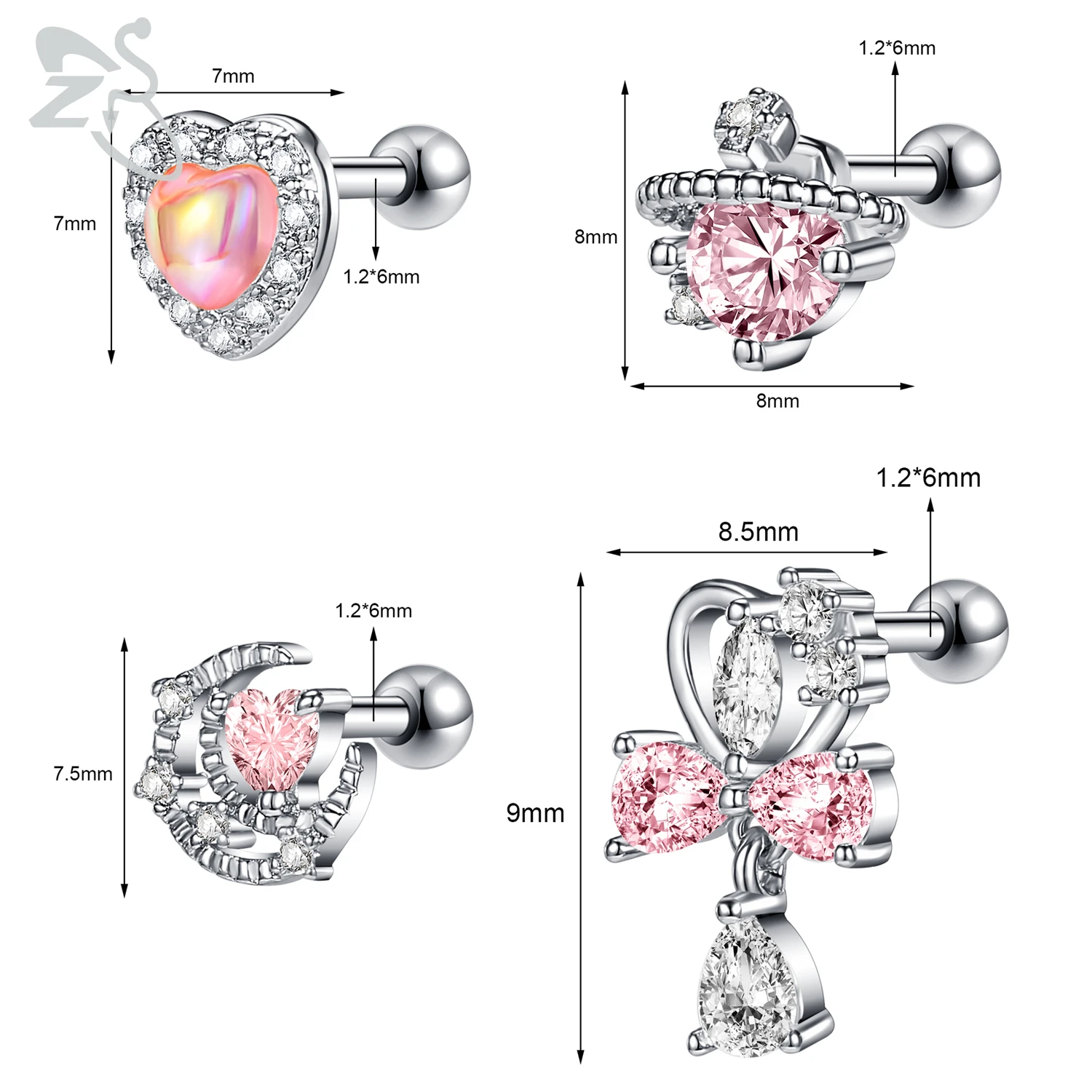 Милые серьги-гвоздики ZS в форме банта для женщин и девушек серьги сердца Луны из