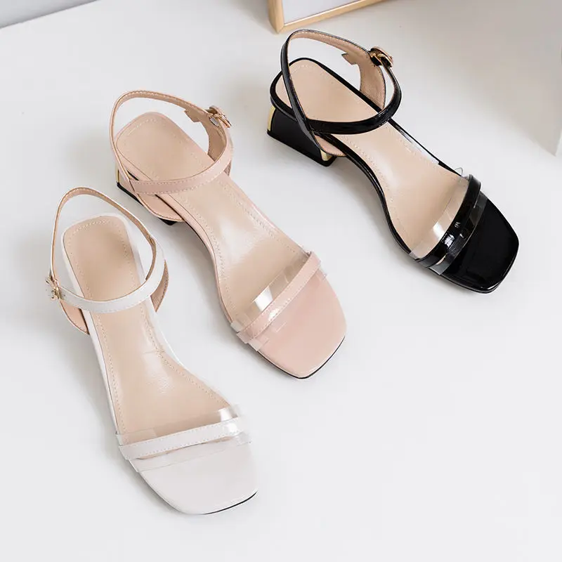 

Sequined Cloth Stitching Patent Leather One Word Buckle Female Sandals Square Toe Thick Heel Summer Cool Fashion Sandals