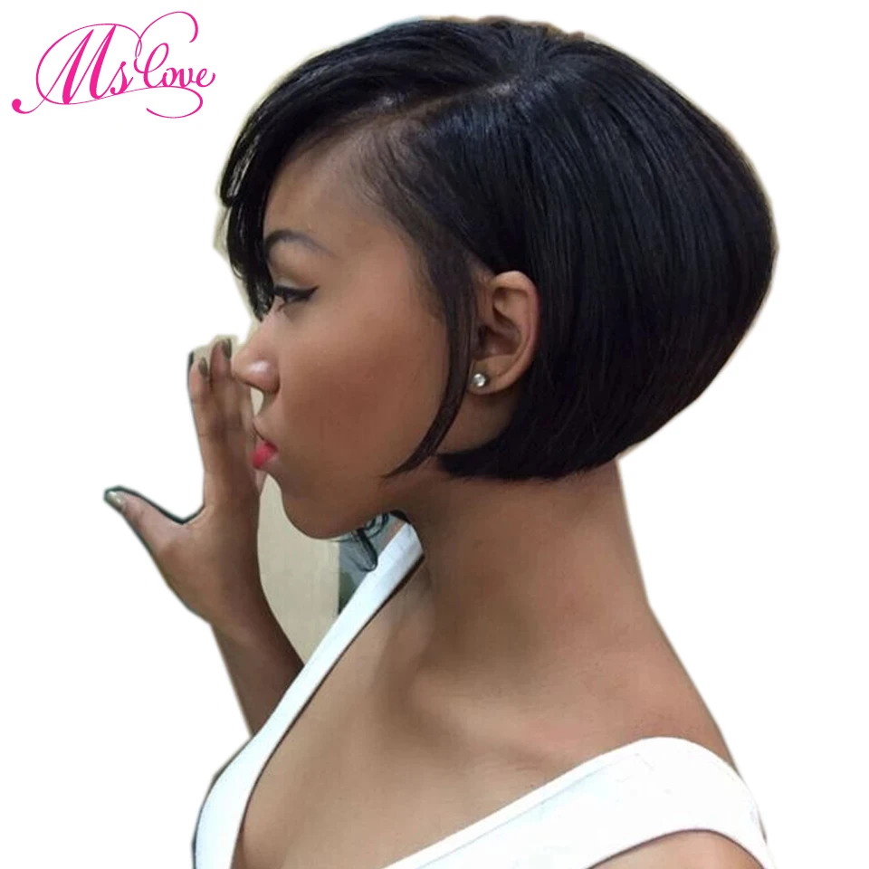 

Ms Love Short Human Hair Wigs With Bangs Straight Lace Parting Human Hair Wigs With Bangs Brazilian Non-Remy Natural Black