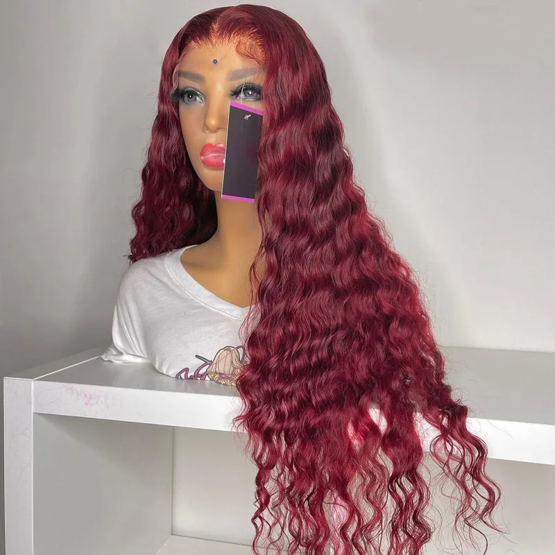 

Free Part 26Inch 99j Deep Body Wave Synthetic Lace Front Wig For Women With Babyhair Preplucked Cosplay 180% Density Daily Soft