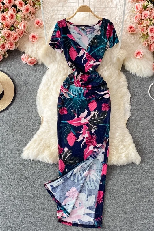 

Summer New Sexy V-neck Celebrity Women Dress Short Sleeve Print Slim Wrap Hip Long Dresses Ladies Split Thin Party Dress