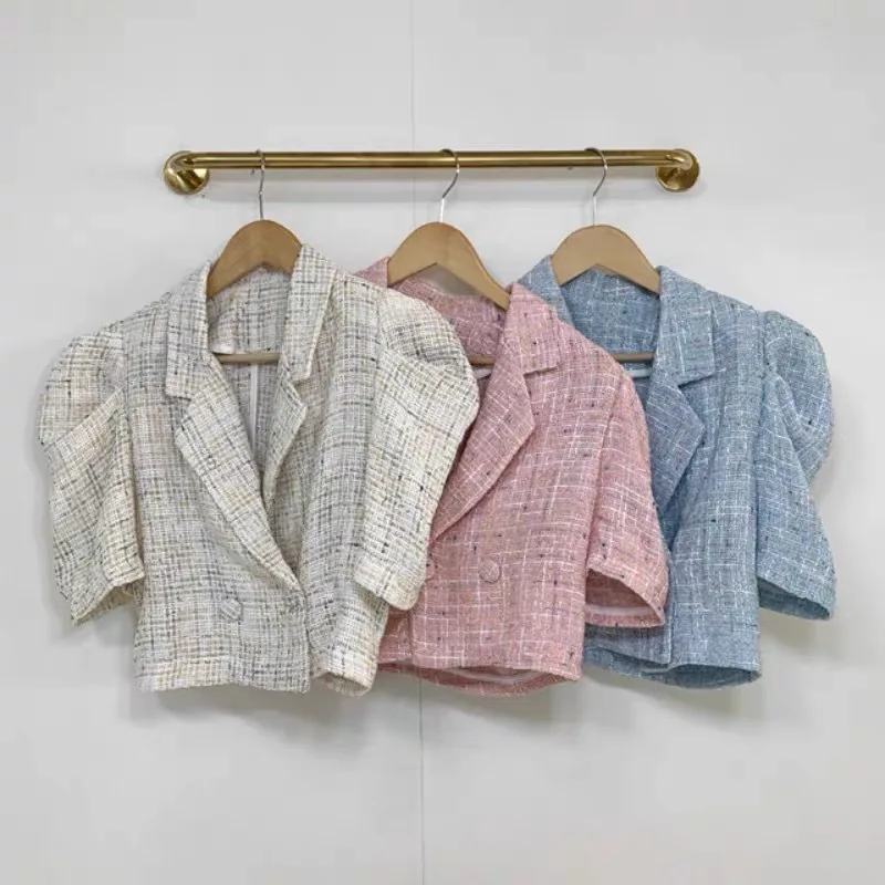 

Korea Chic Retro Summer Short Sleeve Lapel Tweed Jacket Straight Puff Sleeve Short Cardigan Coat Crop Tops Fashion Sexy Wild