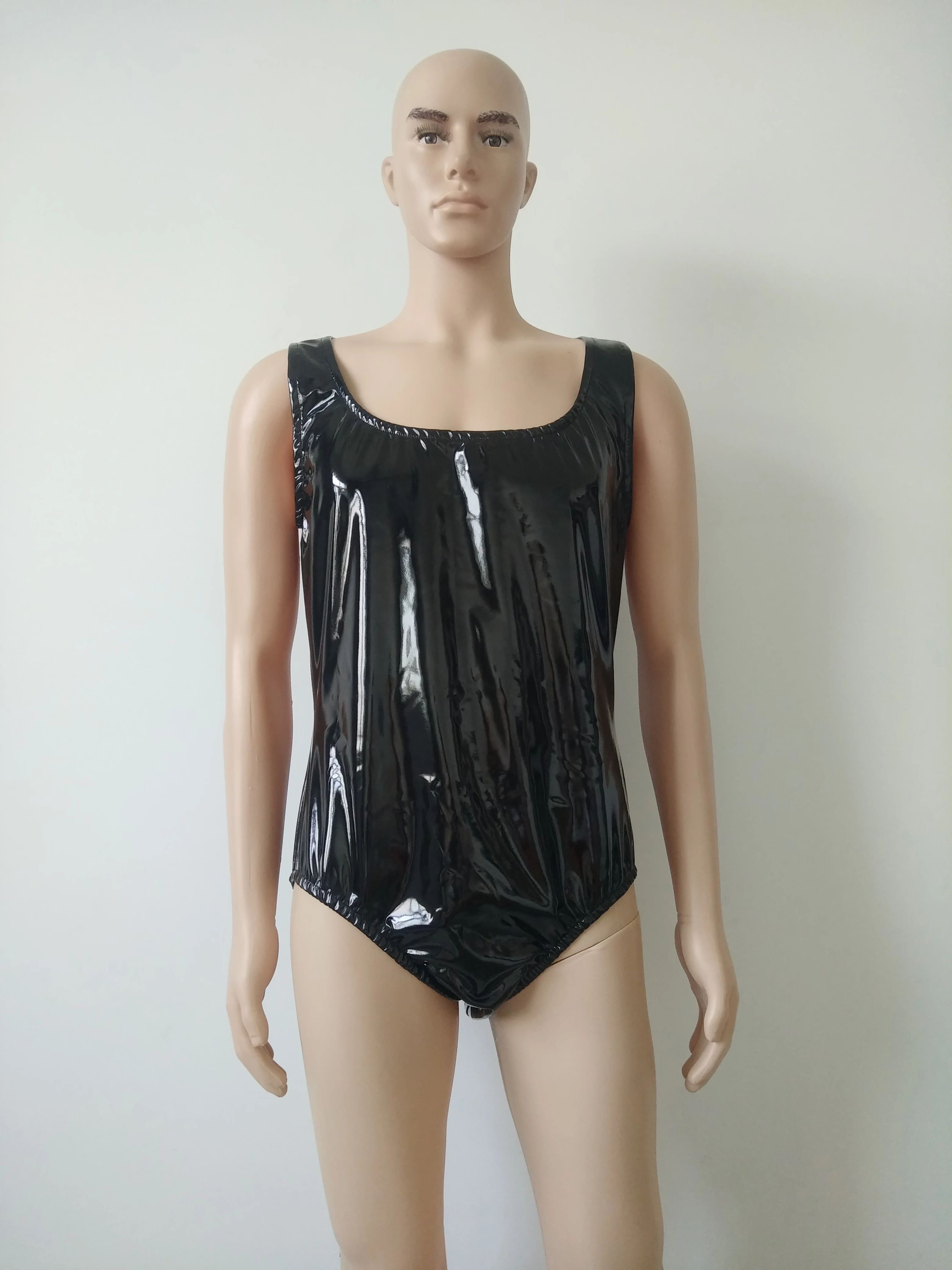 Латексные ПВХ латексный боди костюм топ с круглым вырезом мужская без рукавов