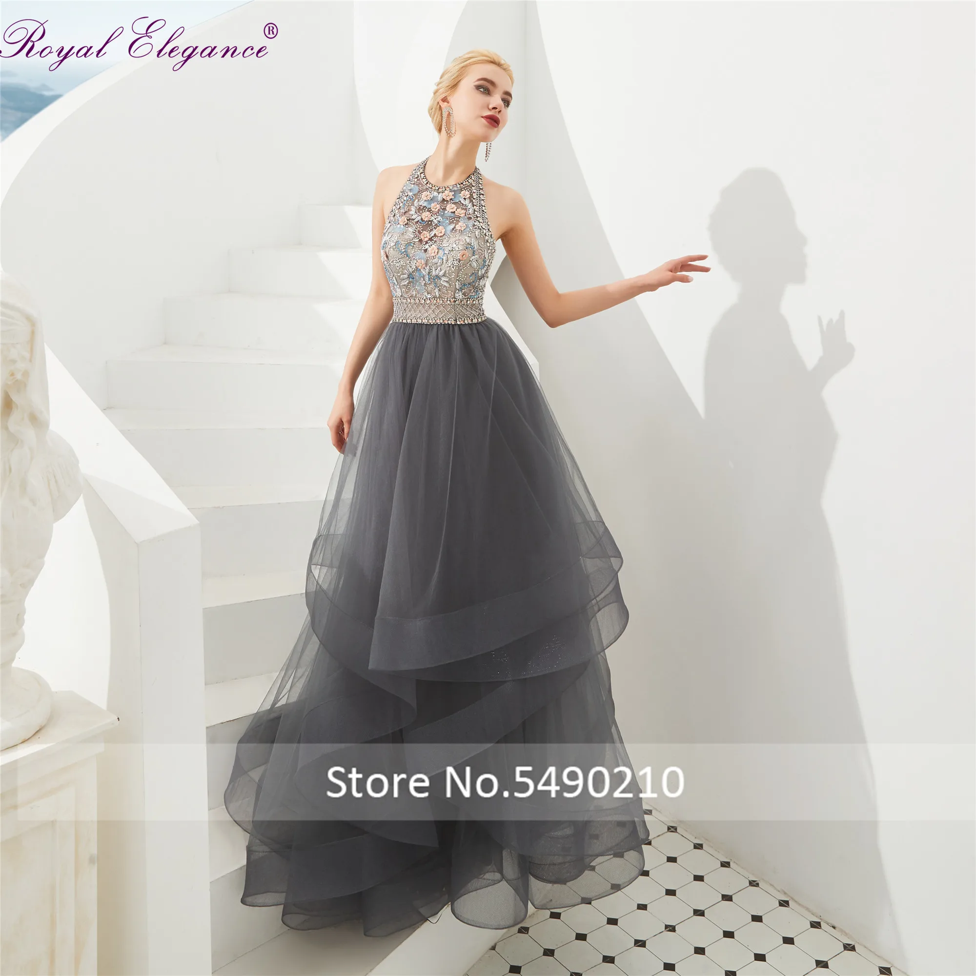 Королевское элегантное вечернее платье без рукавов с лямкой на шее