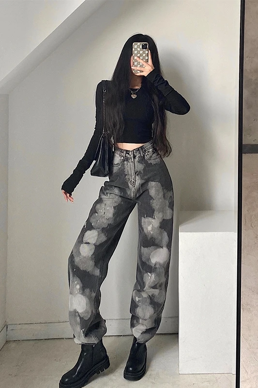 

Europe Tie Dye Street Trend Straight Tube Loose Casual Wide Leg Jeans Pants Trousers Fashion Woman High Waist AWSB