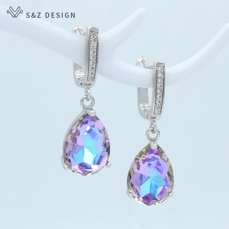 

S&Z DESIGN Korean Fashion Luxury Water Drop Crystal 585 Rose Gold Dangle Earrings For Women Wedding Engagement Elegant Jewelry