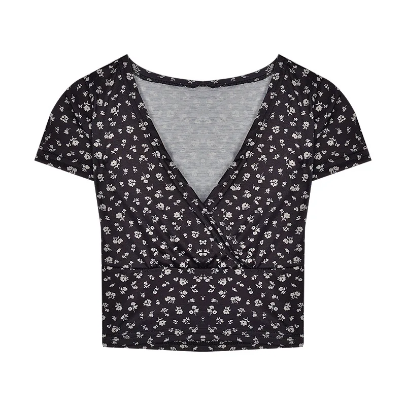 

Floral V-Neck Vintage Short Sleeve Women Crop Top White Flower Print Harajuku T-shirt Korean Casual Female Tee Shirt Slim Tops