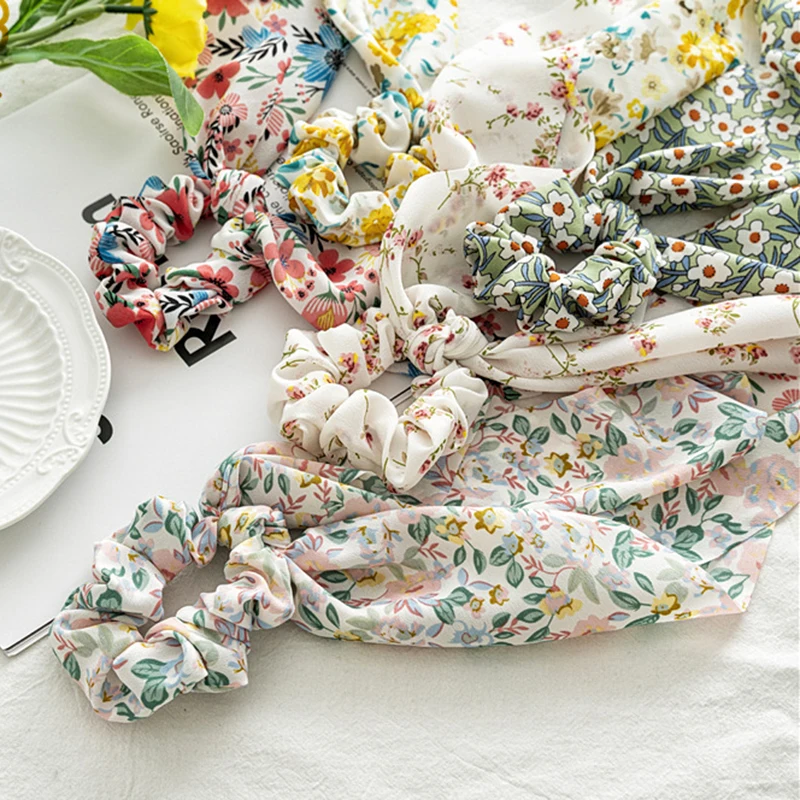 

Fashion Floral Print Scrunchies Solid Color Hair Ribbon For Women Ponytail Scarf Summer Elastic Hair Bands Hair Accessories Cute