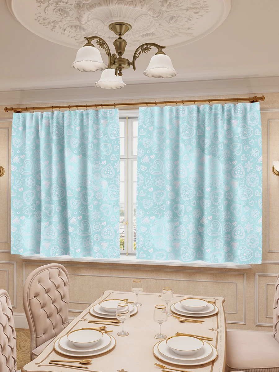 Шторы для кухни LeJoy Home из габардина &quotСердечки и цветочки на голубом фоне&quot 180х290