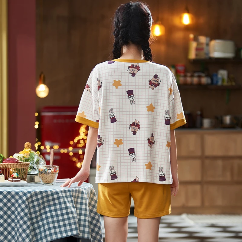 

Suit New Korean Yellow O-neck Plaid Sweet Women Pajamas Set Summer Cotton Short Sleeve Home Suit Cartoon Kawaii Maiden Nightwear