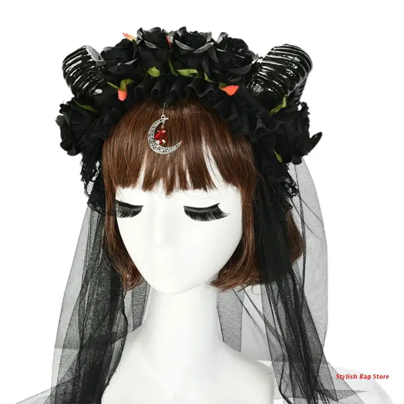 

Halloween Lolita Headband Sheep Horn Rose Crown Mesh Veil Moon Pendant Hair Hoop