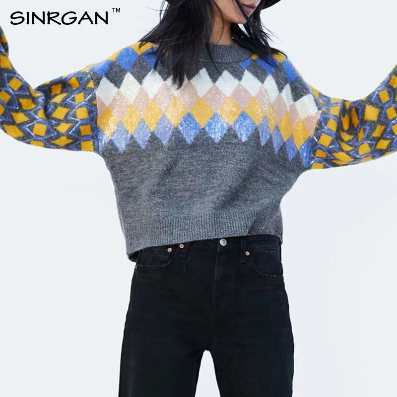 SINRGAN Geometric O Neck Knitted Sweater 2020 Autumn Winter Fashion Female Pullover Warm Thicken Tops | Женская одежда