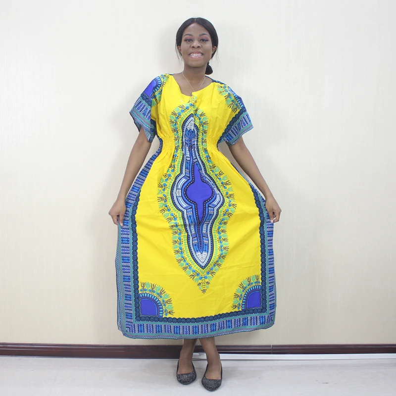 Желтое 100% хлопковое платье Afrian Dashiki с традиционным рисунком длинные платья