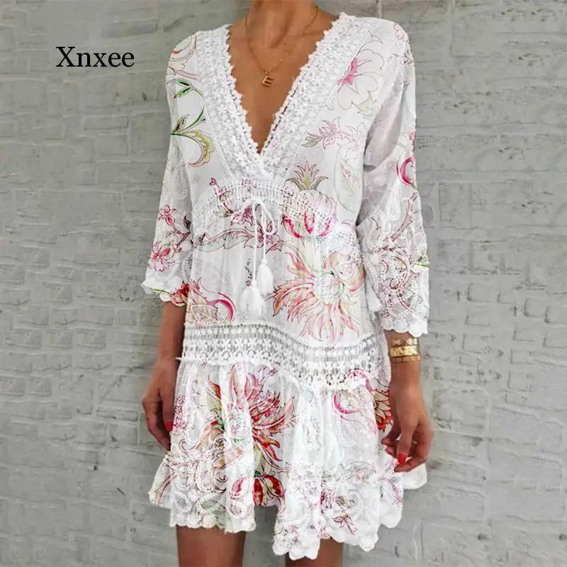 Lace V Neck Patchwork Summer Dress Women Three Quarter Sleeve Tassel Party Elegant Floral Print Hollow Out white tassel | Женская одежда