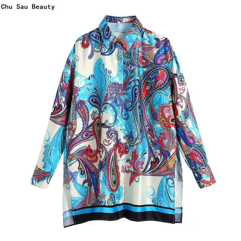 

2021 New Women's Early Autumn Silk Satin Texture Mid-Length Shirt Fashion Retro Blue Print Single-Breasted Blouse