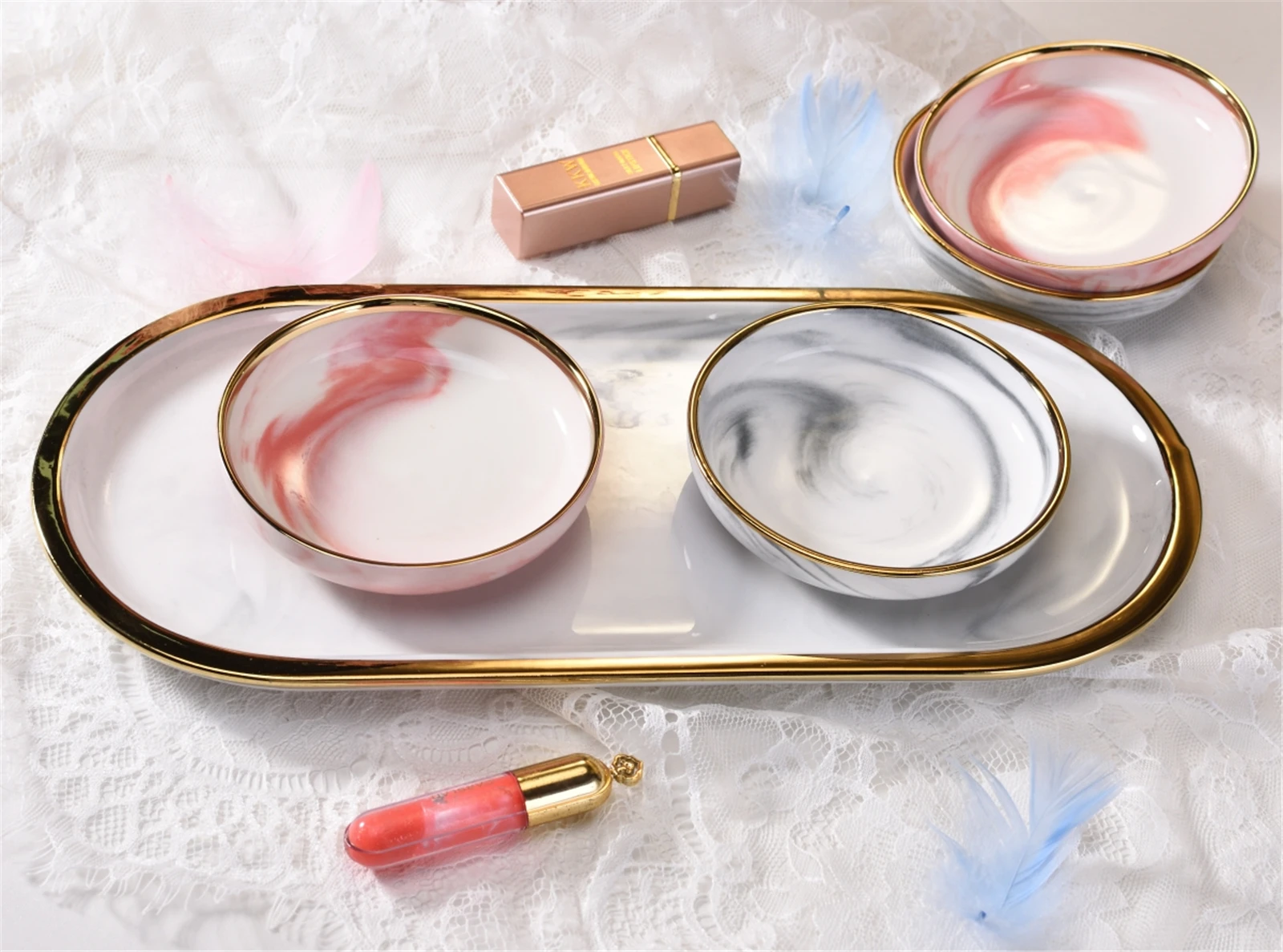 Nordic керамика небольшие Ювелирная тарелка колье и сережек с голубыми кольцо ящик