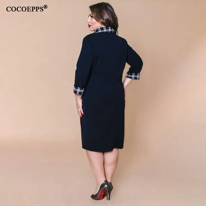 

5xl 6xl big size women dress plaid patchwork knee length office work dress casual plus size autumn winter dress vintage vestidos