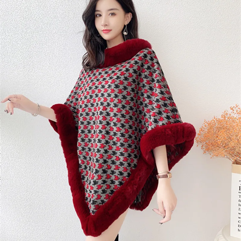 Женское зимнее теплое длинное пончо из искусственного кроличьего меха 7 цветов |