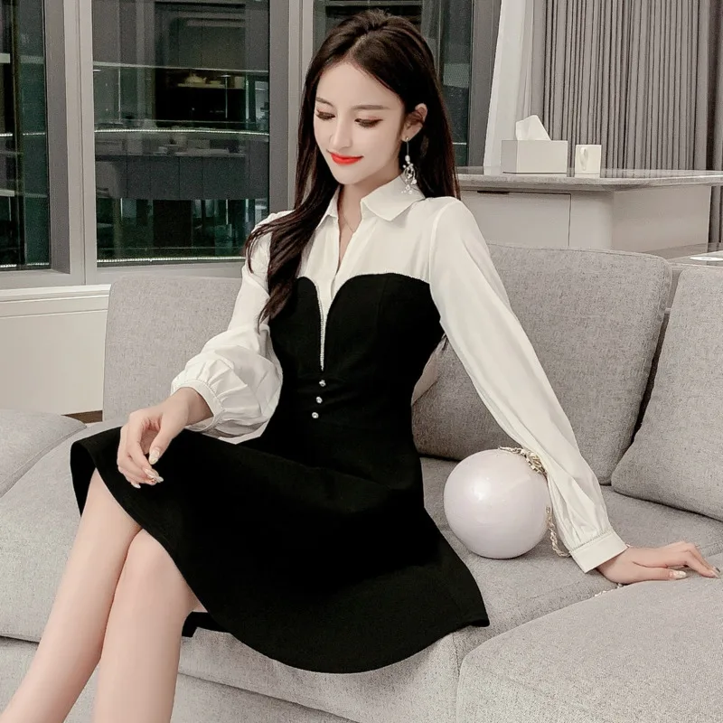 

#5024 Spring Autumn Black With White Shirt Dress Women Long Sleeve A-line Dress Sexy Casual Shirt Dress High Waisted Woman Dress
