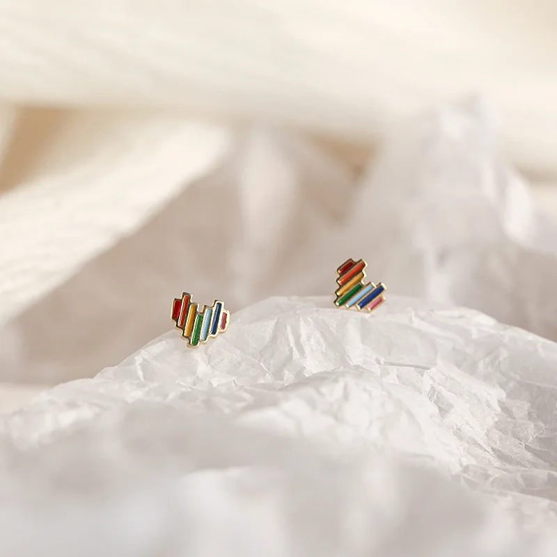 

S925 Sterling Silver Mini Small Exquisite Style Rainbow Heart Earrings Colorful Love Earrings Girls Fashion Earrings
