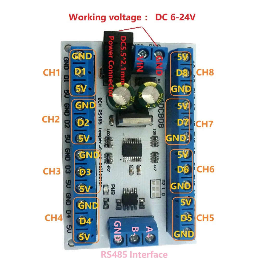 8ch Ds18b20 Rs485 Modbus Rtu Датчик контроля температуры дистанционный цифровой модуль |