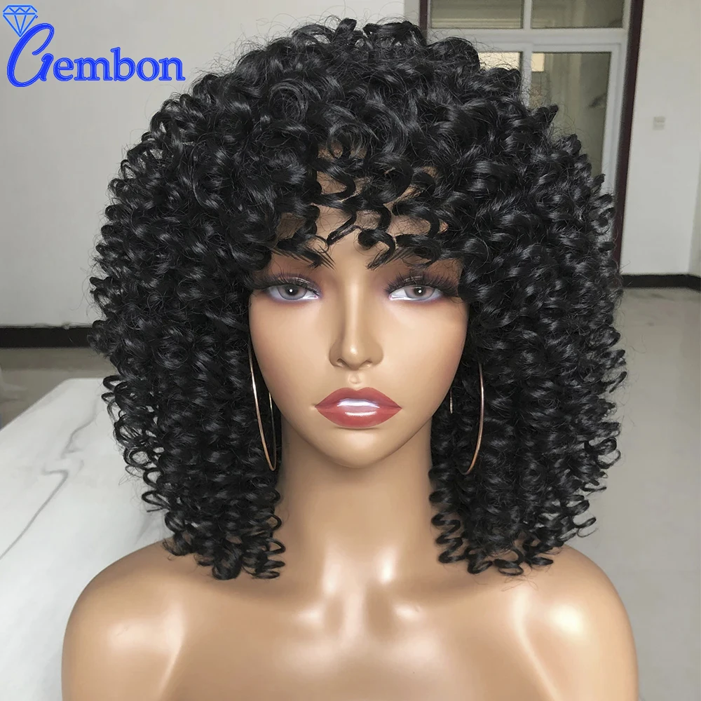 

14" Short Hair Afro Kinky Curly Wigs With Bangs Blonde Mixed Brown Synthetic Ombre Natural Heat Resistant Wigs for Black Women