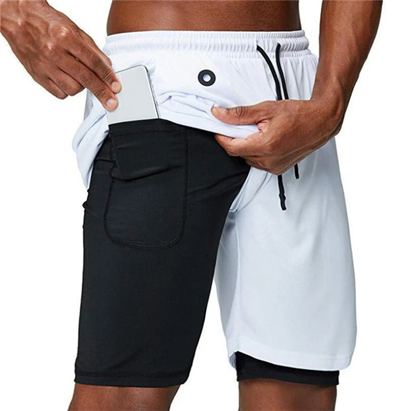 

New Casual Shorts Men's Double-layer Fake Two Pieces Quick-drying Fitness Five-point Pants High-quality Zipper Pocket Shorts