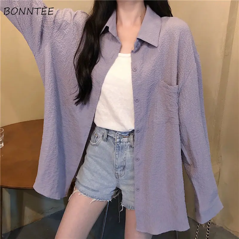 

Women Shirts Solid Turn-down Collar Casual Loose Korean Style Simple Long Sleeve Ruched Leisure All-match Chic Ins Street Wear