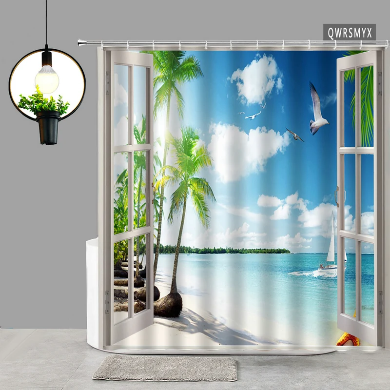 

Занавеска для душа с изображением пальмы и океана, занавеска 3D с природным ландшафтом, художественный Декор для дома, туалета, Товары для ва...
