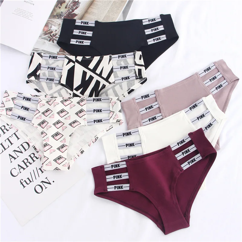 

Sexy Women Briefs Ribbon pink letters print Low Waist hollowing Fashion Thongs Shorts T-back Fitness Triangle Panties 0323