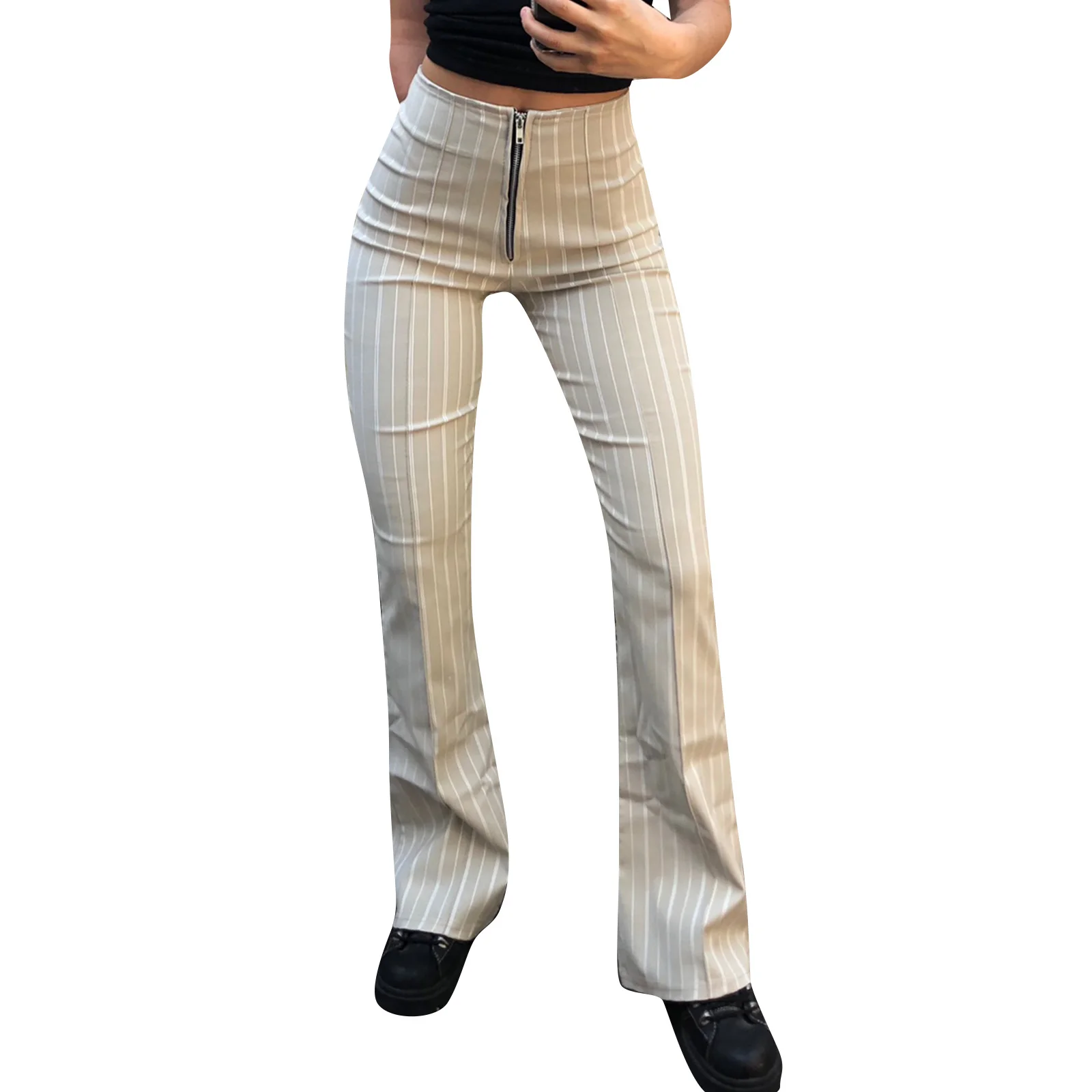 

Womens Casual Polyester Flared Trousers Fashion Solid Color Striped Zipper Mid-waist Pants