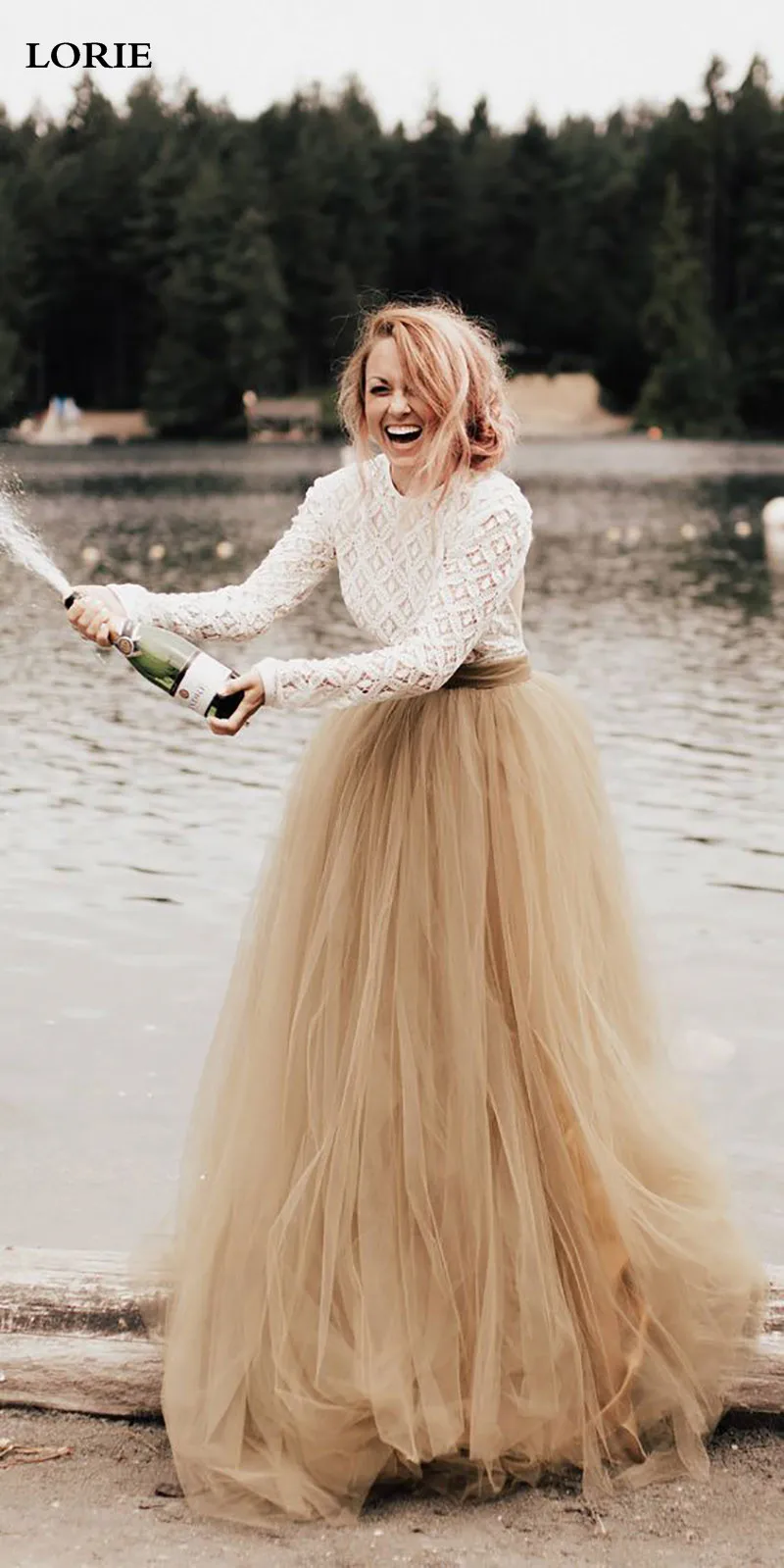 Lorie A-Line Boho свадебный наряд золотые свадебные платья с длинными рукавами контрастного цвета vestidos de noiva простое кружевное свадебное платье