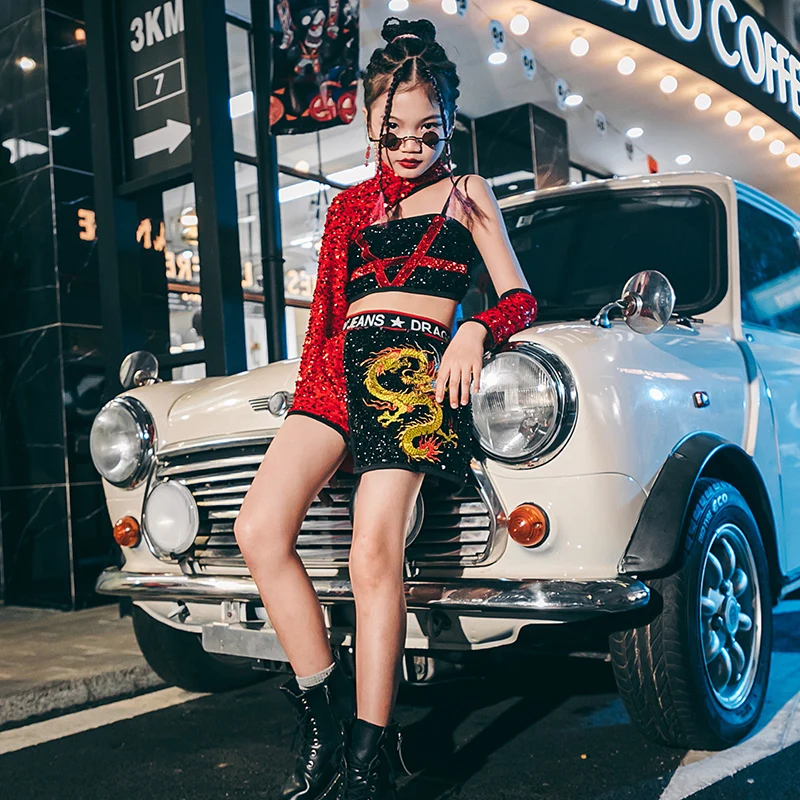 

New Girls Hip-Hop Red Black Sequin Suit Kids Jazz Dance Stage Performance Costumes Children Catwalk Show Stage Clothing
