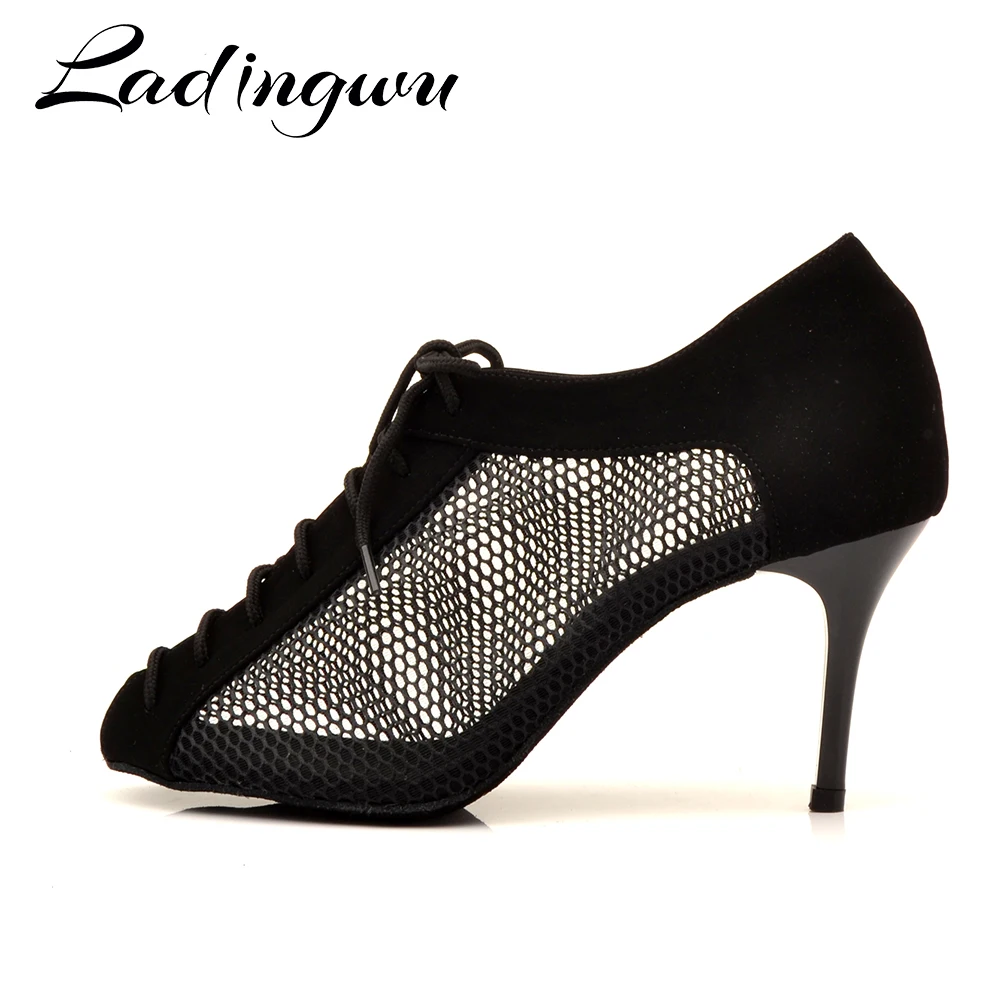 Ladingwu Latin Dance Shoes Suede Plus Breathable Mesh Indoor Sport Dance Shoes Women Salsa Dance Shoes 8.5 cm metal heel