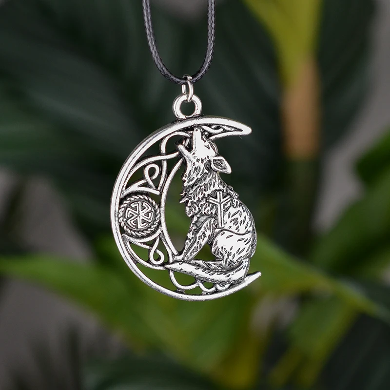 Silver Moon Wolf Pendant Wizard Necklace |