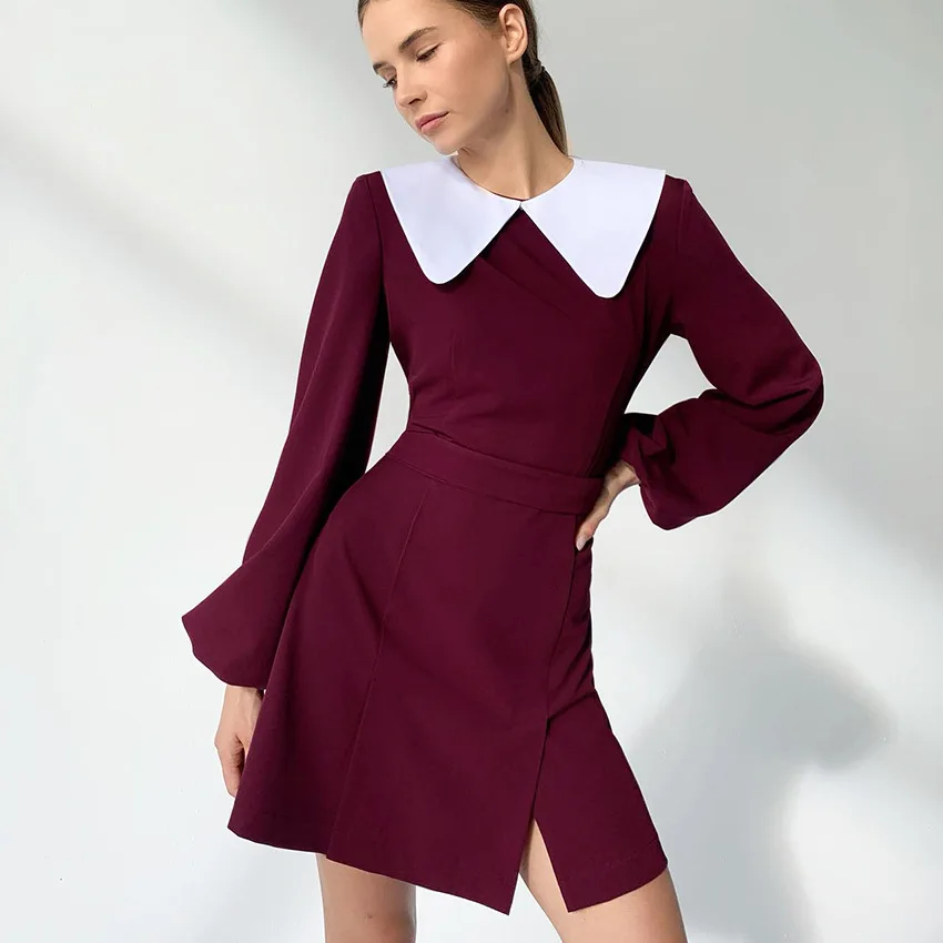

Babakud Cute Simple Mini Dress Spring & Autumn Zipper Peter Pan Collar Puff Long Sleeve High Waist Party Vent Dresses
