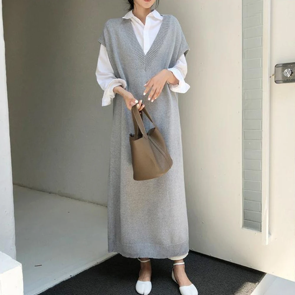 

Knitted Long Dress Women Vintage V-Neck Gray Elegant Office Lady Casual Work Wear Female Knitwear Maxi Dresses 2021 Autumn