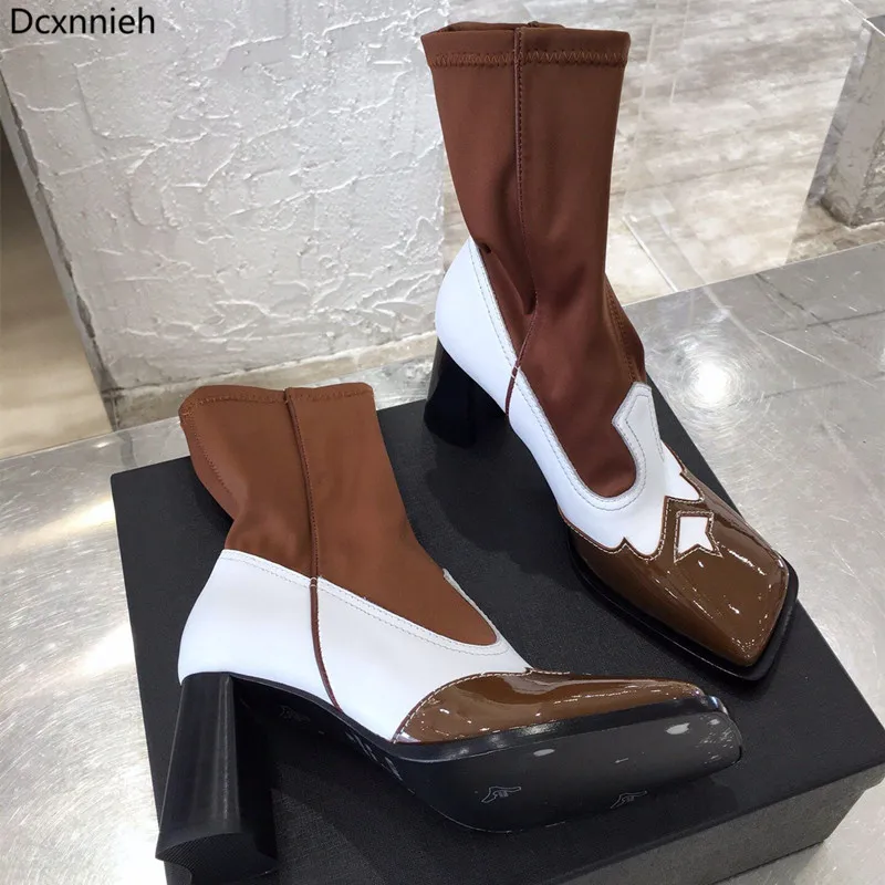 

Runway Square Heels Ankle Boots Women Square Toe Genuine Leather Boots For Women Stitching Elastic Patchwork Woman Autumn Boots