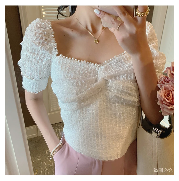 Женские винтажные блузки с жемчугом квадратным вырезом и кружевом | Женская