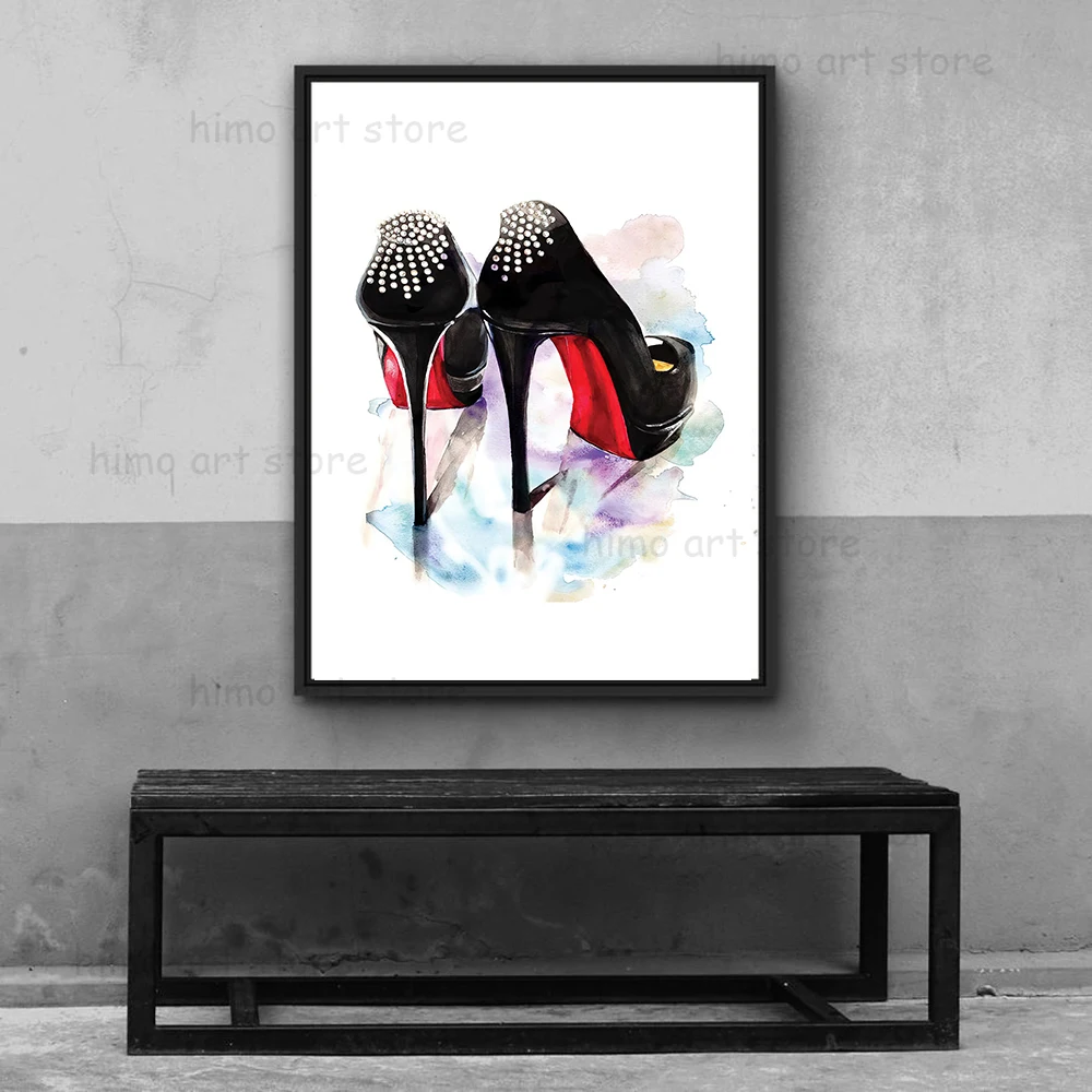 

Watercolor High-heels Oil Painting Prints on Canvas Red and Black High Heel Pop Art Painting Luxury Wall Art Fashion Home Decor