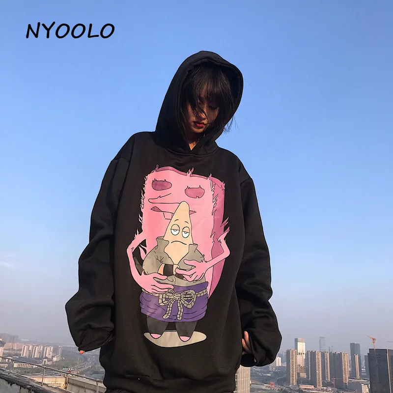 NYOOLO Harajuku street childlike мультфильм печати плюс бархат теплые толстовки Осень Зима Свободный пуловер толстовка с капюшоном для женщин мужчин