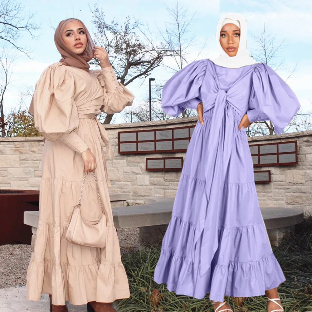 

Muslim Fashion Middle East Bubble Sleeve Bandage Muslim Dress More Wear Abaya Turkey Dubai Long Dress