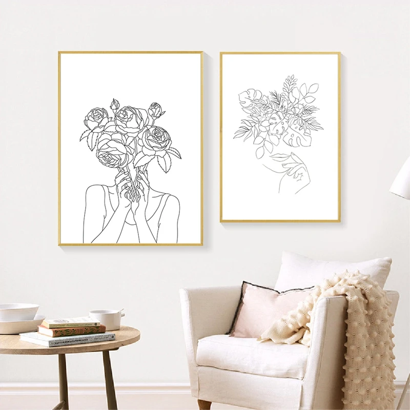 Абстрактная женщина цветок голова рисунок плакаты и принты черно-белые