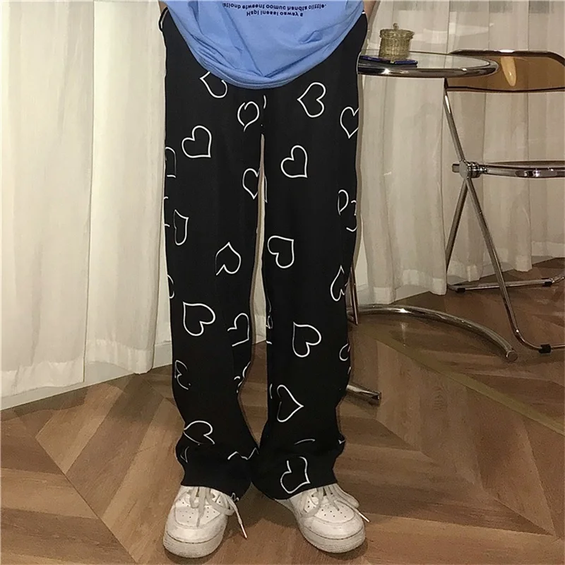 

Korean Summer New Harajuku Style Casual Cargo Pants High Waist Vintage Heart-shaped Printing Elastic Waist Trouser Loose Pants