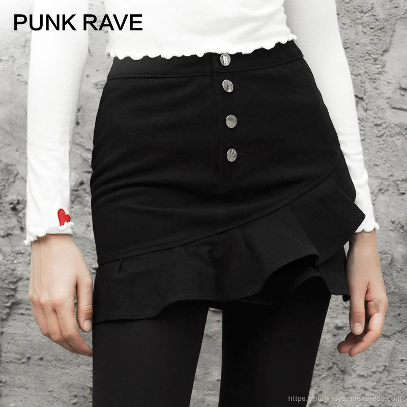 Панк рейв Девушка Кнопка Fly Falbala мини юбки Повседневная модная черная женская